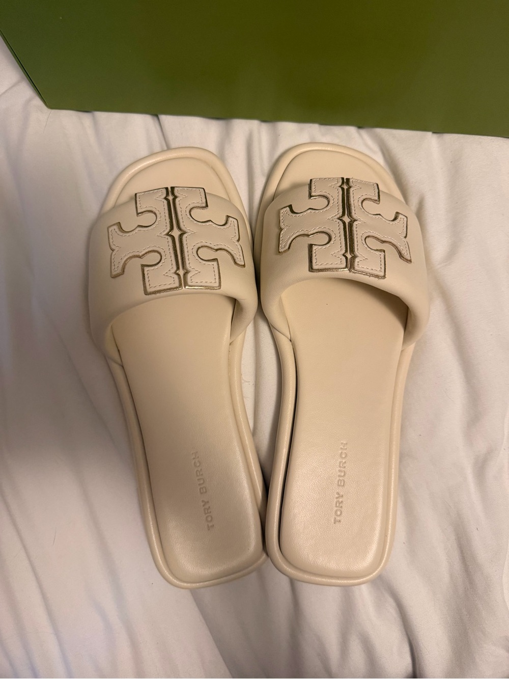 Tory Burch Cream Leather Logo Slide Sandals - Picture 3 of 5